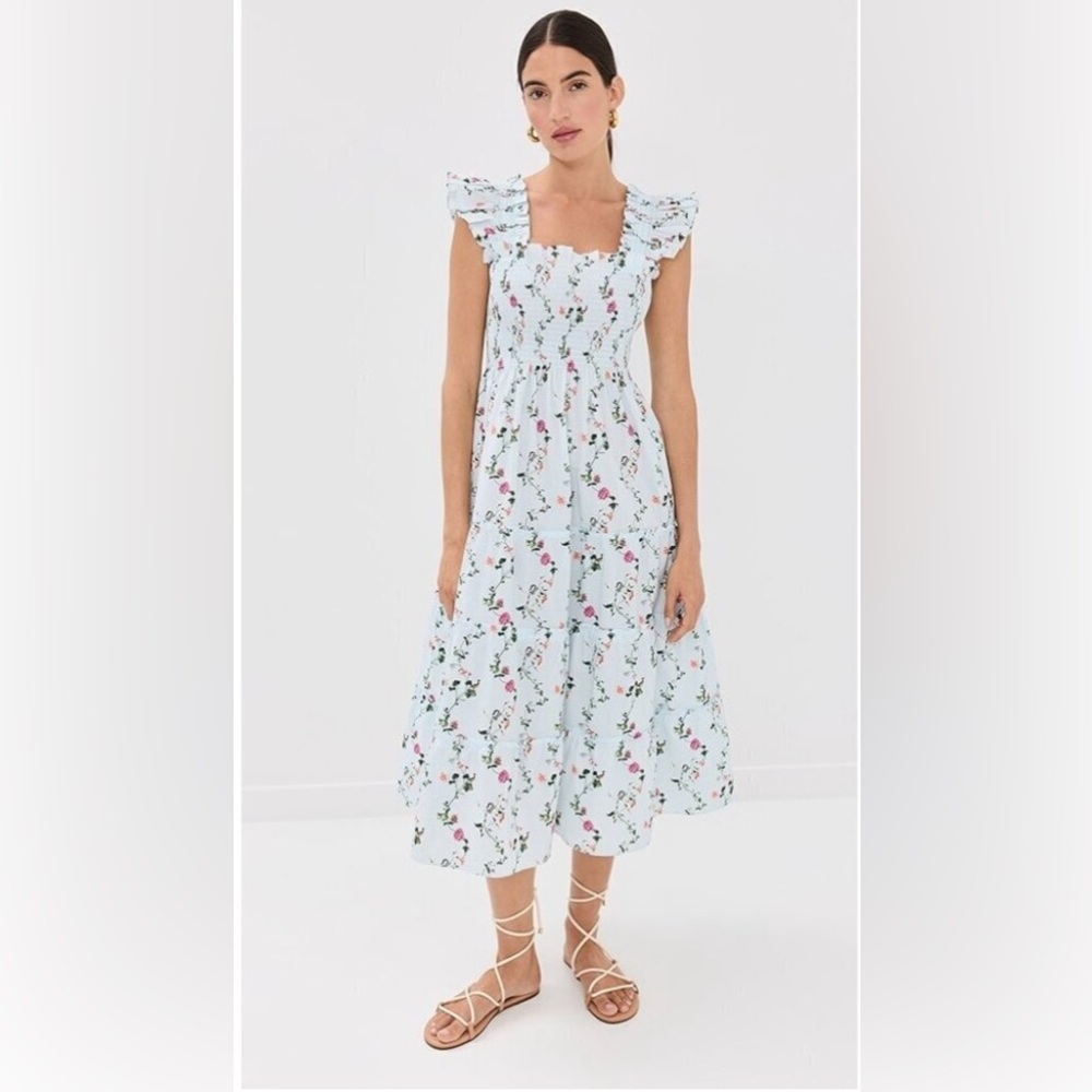 Hill House Floral Ruffle Dress - Light Blue and Pink